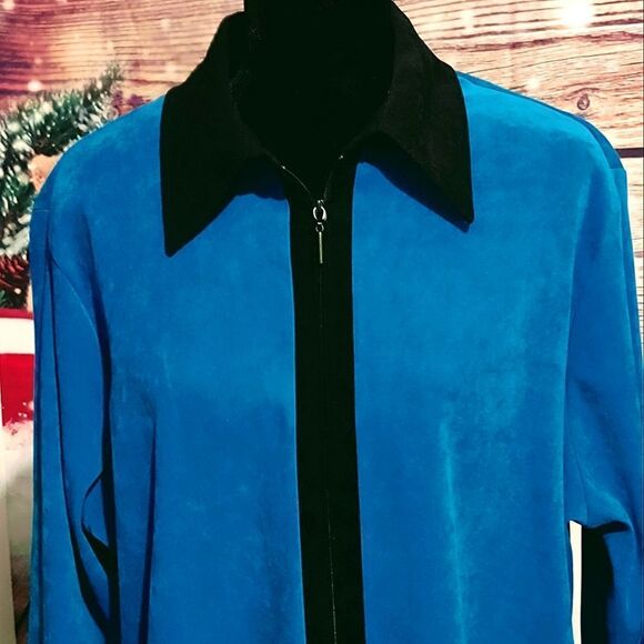 Notations clothing co. TURQUOISE + BLACK VEGAN SUEDE ZIP UP JACKET - Picture 2 of 7